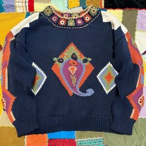 Vintage Le Moda Hand Made Navy w/ Colorful Accent Sweater Large